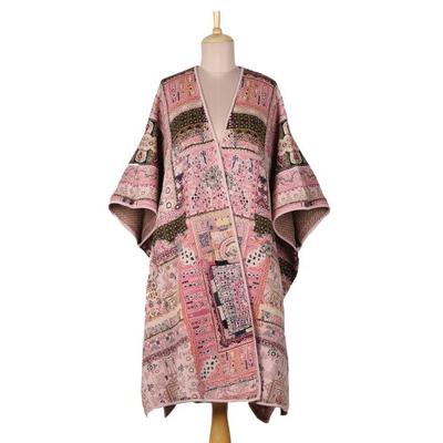 Pink Flowers,'Jacquard Geometric Viscose Blend Ruana from India'