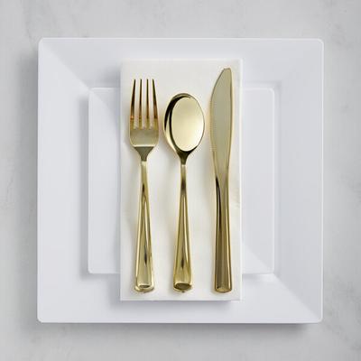 Visions 120 Settings of White Florence Plastic Dinnerware and Gold Classic Flatware - 120/Case