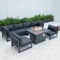 LeisureMod Chelsea 7-Piece Patio Sectional And Fire Pit Table Black Aluminum With Cushions - LeisureMod CSFBL-7BL