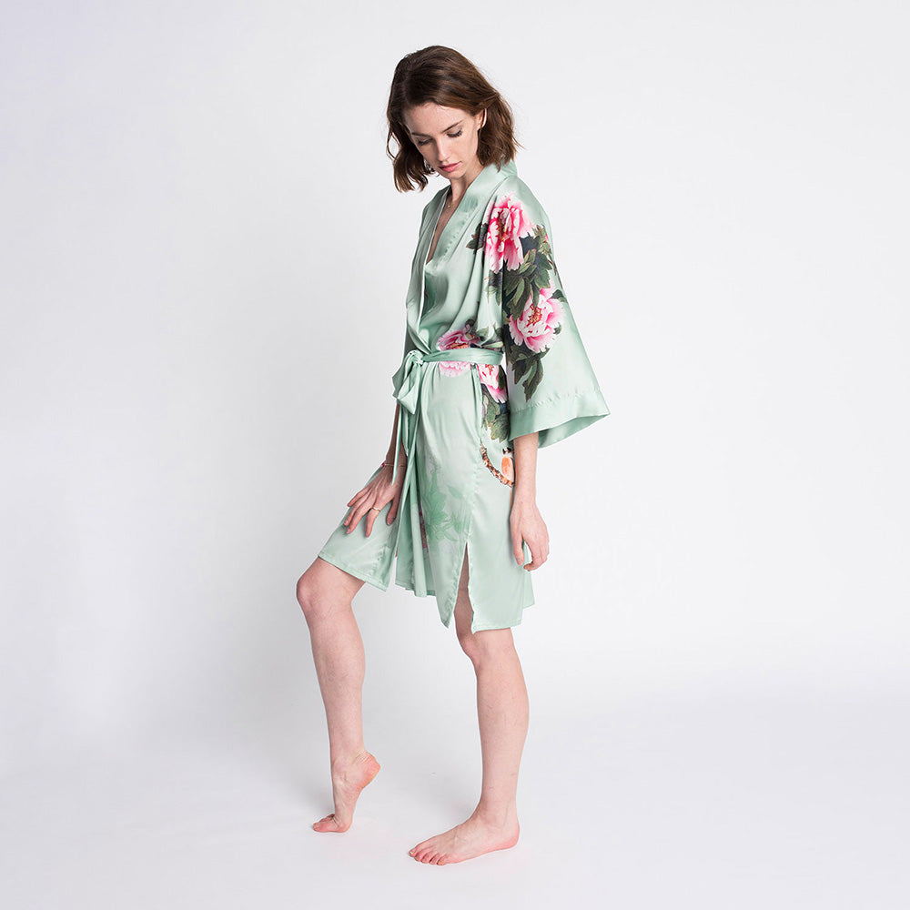 KIM+ONO Kimono Robe | Peony & Bird Short Kimono Robe | Polyester Charmeuse | Celedon | Short