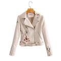 DRGE Women's Faux Leather Jacket,Biker Jacket with Zip Pockets,Embroidery Floral Jacket,Casual Short Coat for Autumn,Spring,White,M