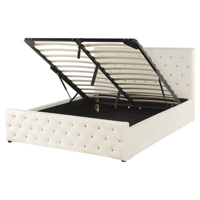Polsterbett Beige Samtstoff 160 x 200 cm mit Bettkasten hochklappbar u. hohem Kopfteil Doppelbett Elegantes Modernes Ges