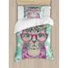 East Urban Home Cat Fashion in Hipster Glasses & Lace Collarette Bow Vintage Humor Graphic Duvet Cover Set Microfiber in Pink/Yellow | Twin | Wayfair