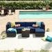 Wade Logan® Ayomikun 2 Piece Rattan Sectional Seating Group w/ Cushions Synthetic Wicker/All - Weather Wicker/Wicker/Rattan in Blue | Outdoor Furniture | Wayfair
