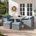 Three Posts™ Grose Rectangular 8 - Person 57.09" Long Outdoor Dining Set w/ Cushions Plastic in Gray/Blue | Wayfair