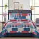 Patchwork Quilt Bedspread Super King Size Bed - 3 Pcs Box Pattern Thick Cotton Filling Bed Warmer Large Blanket Bed Spread With Quilt Fabric 2 Pillowcase - Denim Red