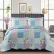 Patchwork Quilt Bedspreads King Size Bedding - 3Piece Box Pattern Thick Cotton Filling Decorative Stitch Blanket Bed Throw With 2 Matching Pillow Cover Set - Floral Blue