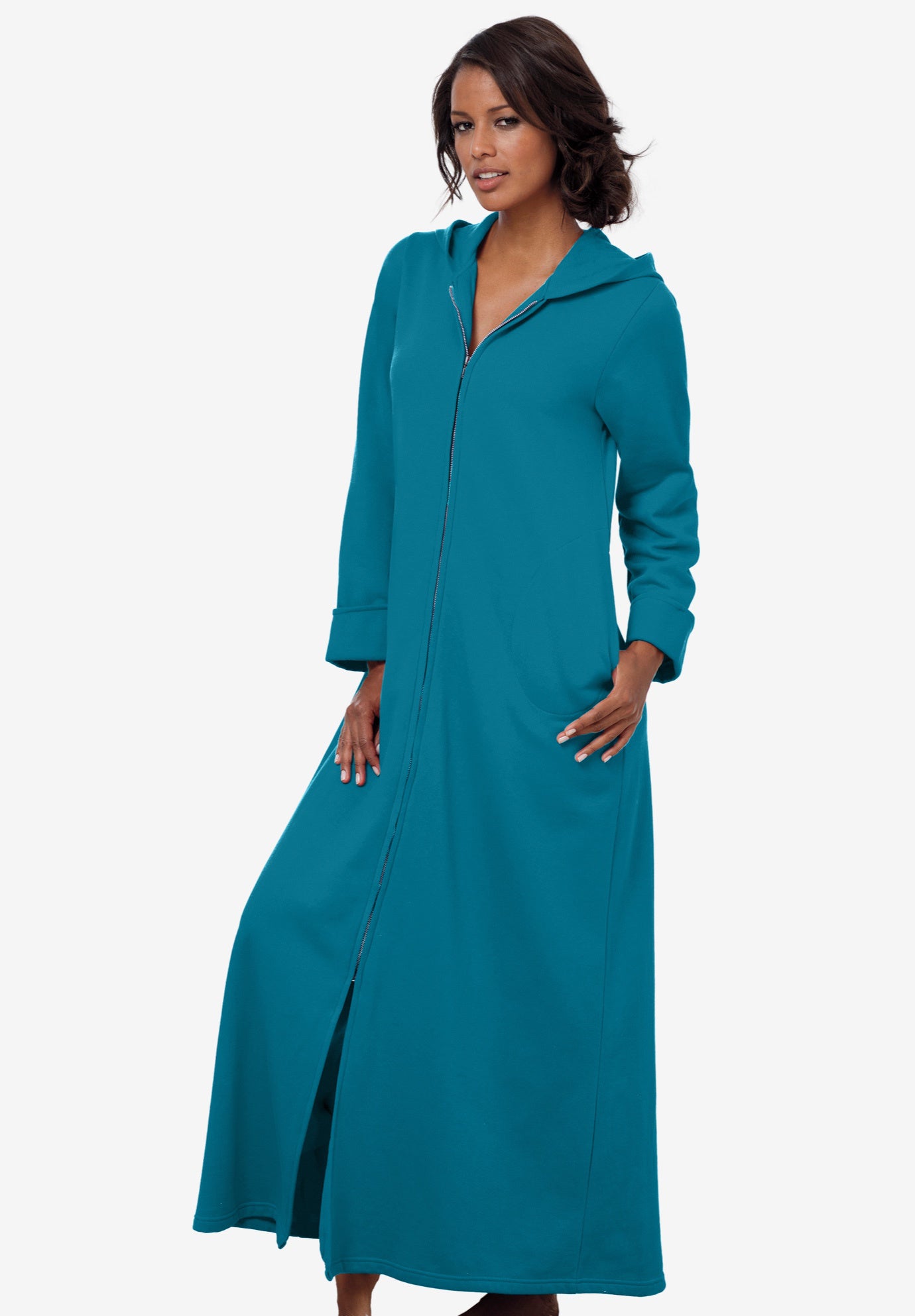 Plus Size Women's Long Hooded Fleece Sweatshirt Robe by Dreams & Co. in Deep Teal (Size L)