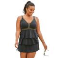 Plus Size Women's Crochet-Trim Tankini Top by Swim 365 in Black Gold Trim (Size 28)