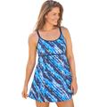 Plus Size Women's Empire-Waist Swim Dress by Swim 365 in Blue Watercolor Stripes (Size 32) Swimsuit