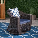 August Grove® Ellenton Patio Chair w/ Cushions Metal in Blue/Brown | 29.5 H x 28 W x 27.5 D in | Wayfair 3A79C88BBC284F5488C0C0FC3BF9C3F1