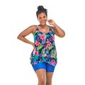 Plus Size Women's Longer Length Mesh Tankini Top by Swim 365 in Black Tropical Floral (Size 14)