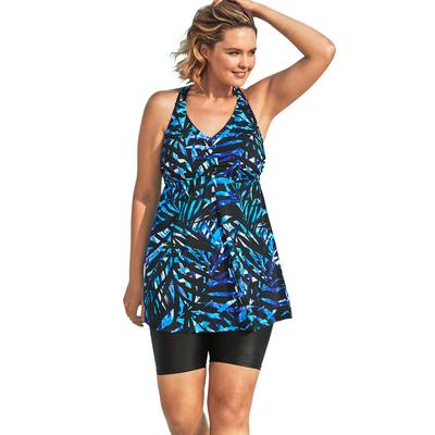 Plus Size Women's Longer Length Braided Tankini Top by Swim 365 in Blue Painterly Leaves (Size 24)