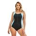 Plus Size Women's Zip-Front One-Piece with Tummy Control by Swim 365 in Black White Blue Sea (Size 24) Swimsuit