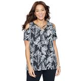 Plus Size Women's Tropical Wish Open-Shoulder Tee by Catherines in Black White Foliage (Size 2XWP)