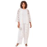 Plus Size Women's Three-Piece Lace Duster & Pant Suit by Roaman's in White (Size 20 W) Duster, Tank, Formal Evening Wide Leg Trousers