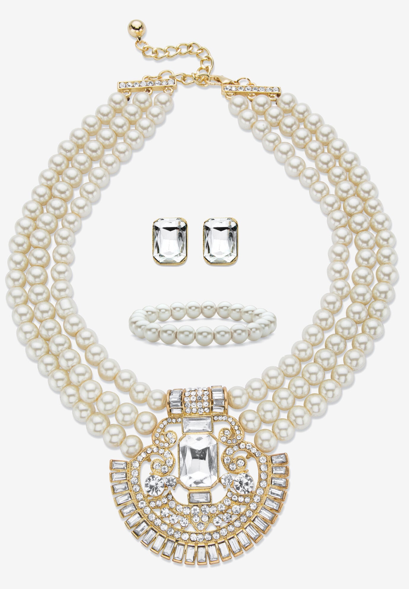 Women's Gold Tone Simulated Pearl Bib 17" Necklace Set with Emerald Cut Crystals by PalmBeach Jewelry in Diamond