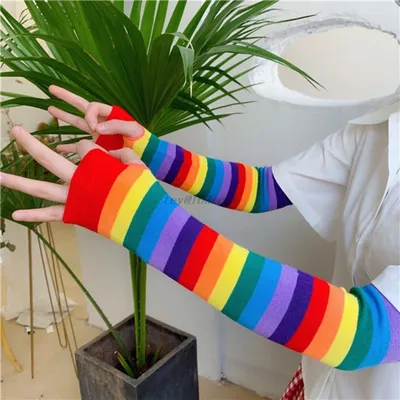 Coude Longueur Gants Sans Doigts Bras Manchon Chaud Couleur Arc-En-Ciel Rayé Tricoté Crème Solaire