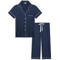 Ladies Short Sleeve Soft Button Up Pajamas Bamboo Sleepwear Cooling Pj Set Navy Blue Medium