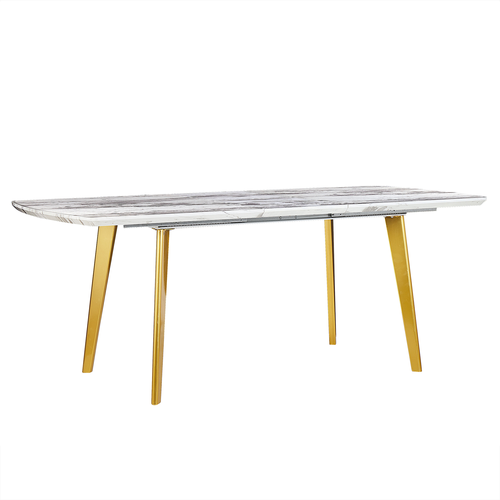 Esstisch Weiß u. Gold MDF Tischplatte Marmor Optik 160x90 cm ausziehbar 200x90 cm mit Metallbeinen Rechteckig Glamour Esszimmer Küche