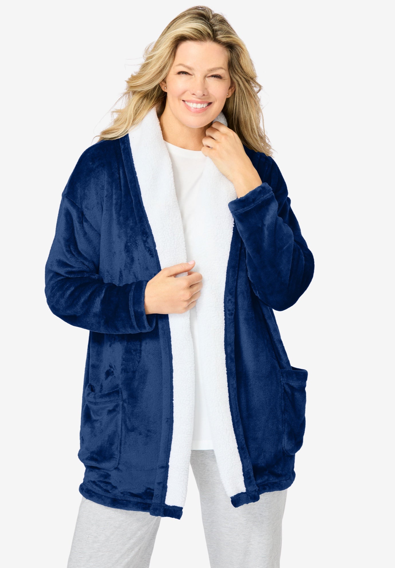 Plus Size Women's Sherpa Lined Collar Microfleece Bed Jacket by Dreams & Co. in Evening Blue (Size 3X) Robe