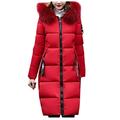 HOMEBABY Women Cotton Parka Long Thick Fur Collar Jacket Ladies Hooded Outwear Winter Warm Quilted Padded Coat Lightweight Long Sleeve Tops Red