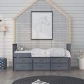 Selsie sleep single bed frame 3ft Rubber & MDF Wood For Guest Bed in Pure Grey Pullout Trundle & 3 Drawers Underbed Slatted Base Storage Bed Frame