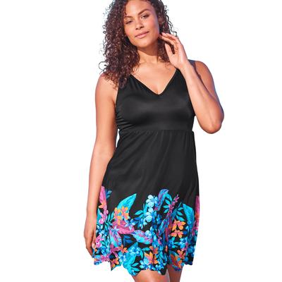 Plus Size Women's Floral Border Swim Dress by Swim 365 in Black Paradise Floral (Size 24)