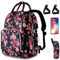 QWREOIA Floral Diaper Bag Backpack with USB Charging Port Stroller Straps and Insulated Pocket, Travel Bag Nappy Backpack For Women/Mum (Red Flower Pattern)