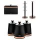 New Tower Set Cavaletto Towel Pole Kitchen Roll Holder, 6 Cup Mug Tree, Durable Carbon Build Bread Bin H24 & Set of 3 Canisters Black/Rose Gold