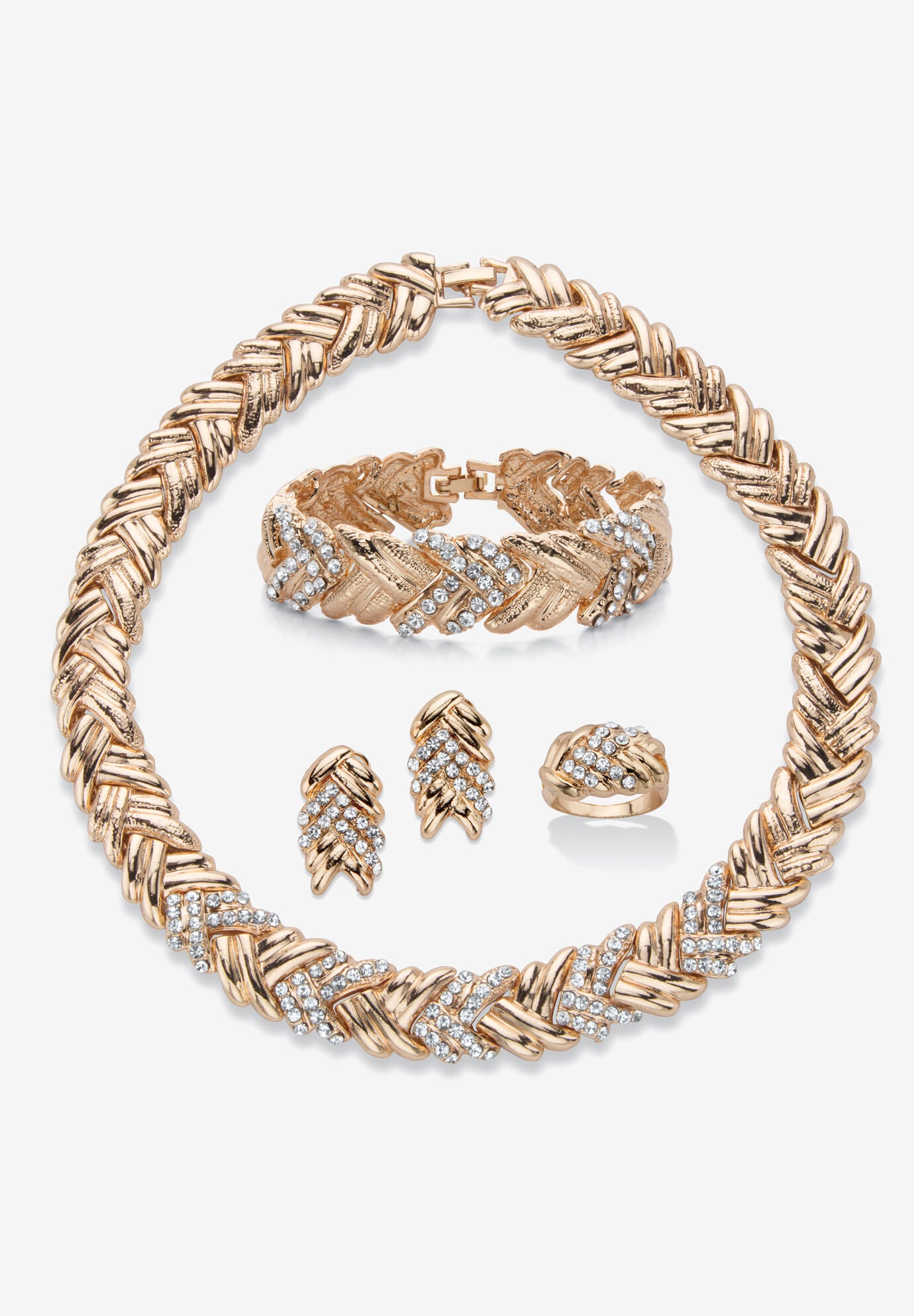 Women's Gold Tone Braided Necklace, Earring, Bracelet and Ring Set by PalmBeach Jewelry in Crystal