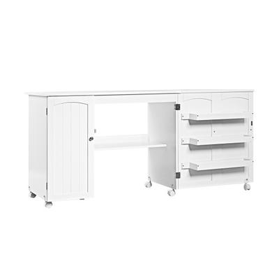 Costway Folding Sewing Table Shelves Storage Cabinet Craft Cart with Wheels-White