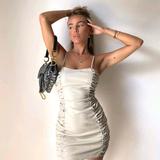 Zara Dresses | Nwt Zara | Faux Leather Draped Dress Stone | Color: Cream/Tan | Size: M