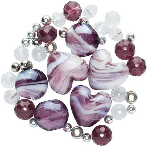 Perles, violet/blanc/argenté, 5–20 mm, 45 pièces