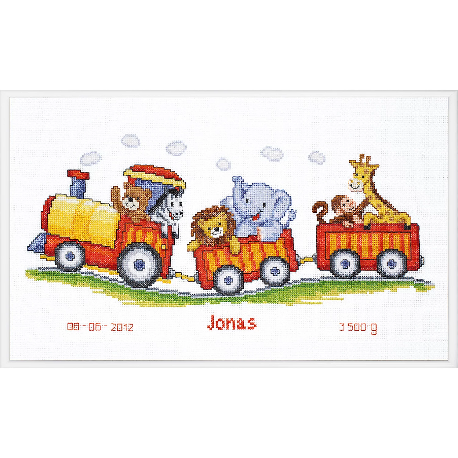 Tableau de naissance à broder "animaux dans le train", 38 x 18 cm