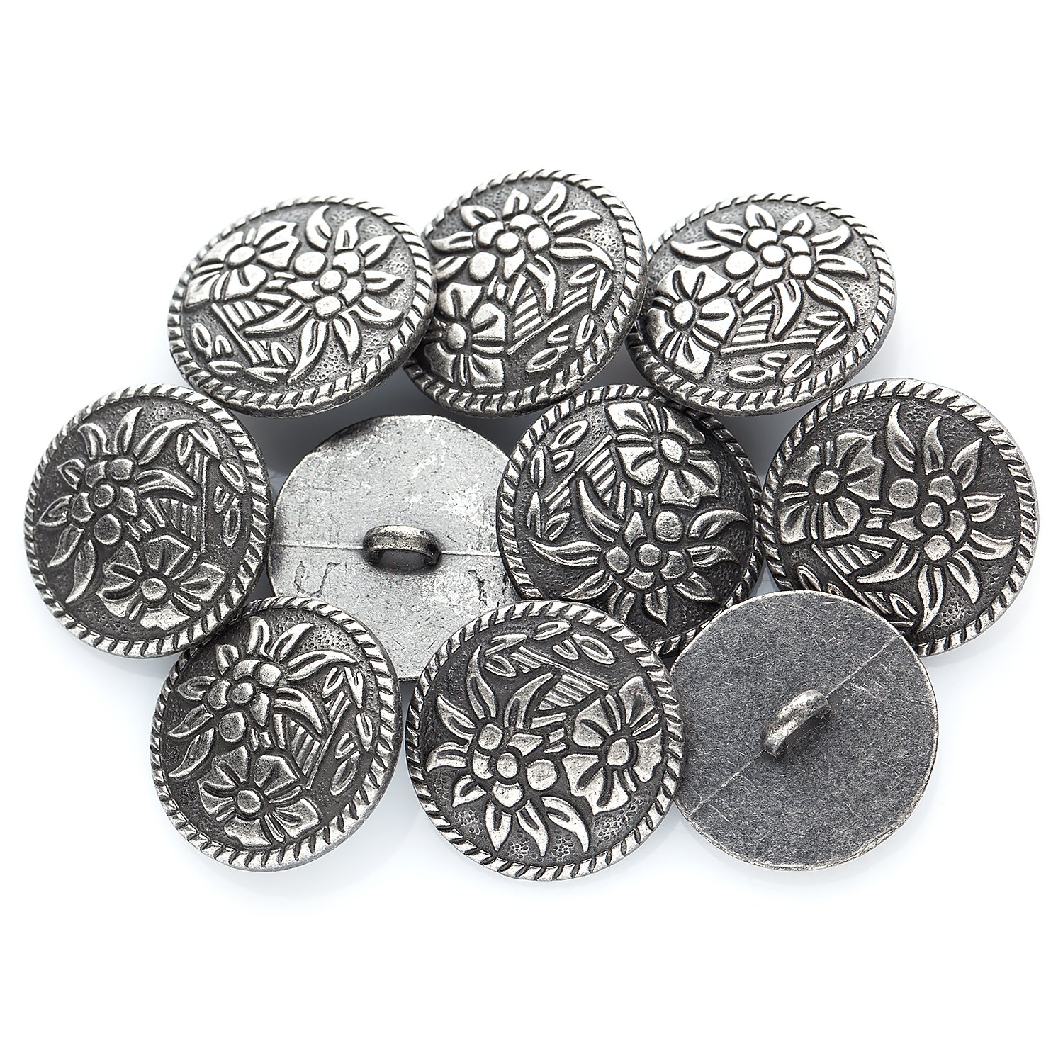 buttinette Boutons tyroliens ronds "edelweiss", argent, 20 x 20 mm, 10 pièces