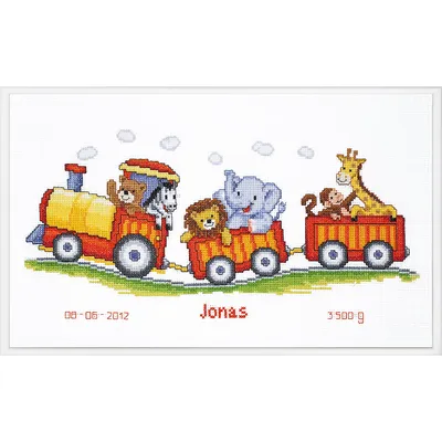 Kreuzstichbild Bahn mit Zootieren, 38 x 18 cm Image