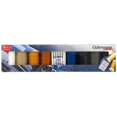 Gütermann Nähgarn-Set Denim, 8x 100 m, inkl. 5 Jeans-Nähnadeln