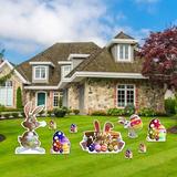 The Holiday Aisle® 9 Piece Easter Bunnies, Egg Piles, & Happy Easter Sign, Includes Metal Garden Stakes Plastic in Blue/Brown | Wayfair