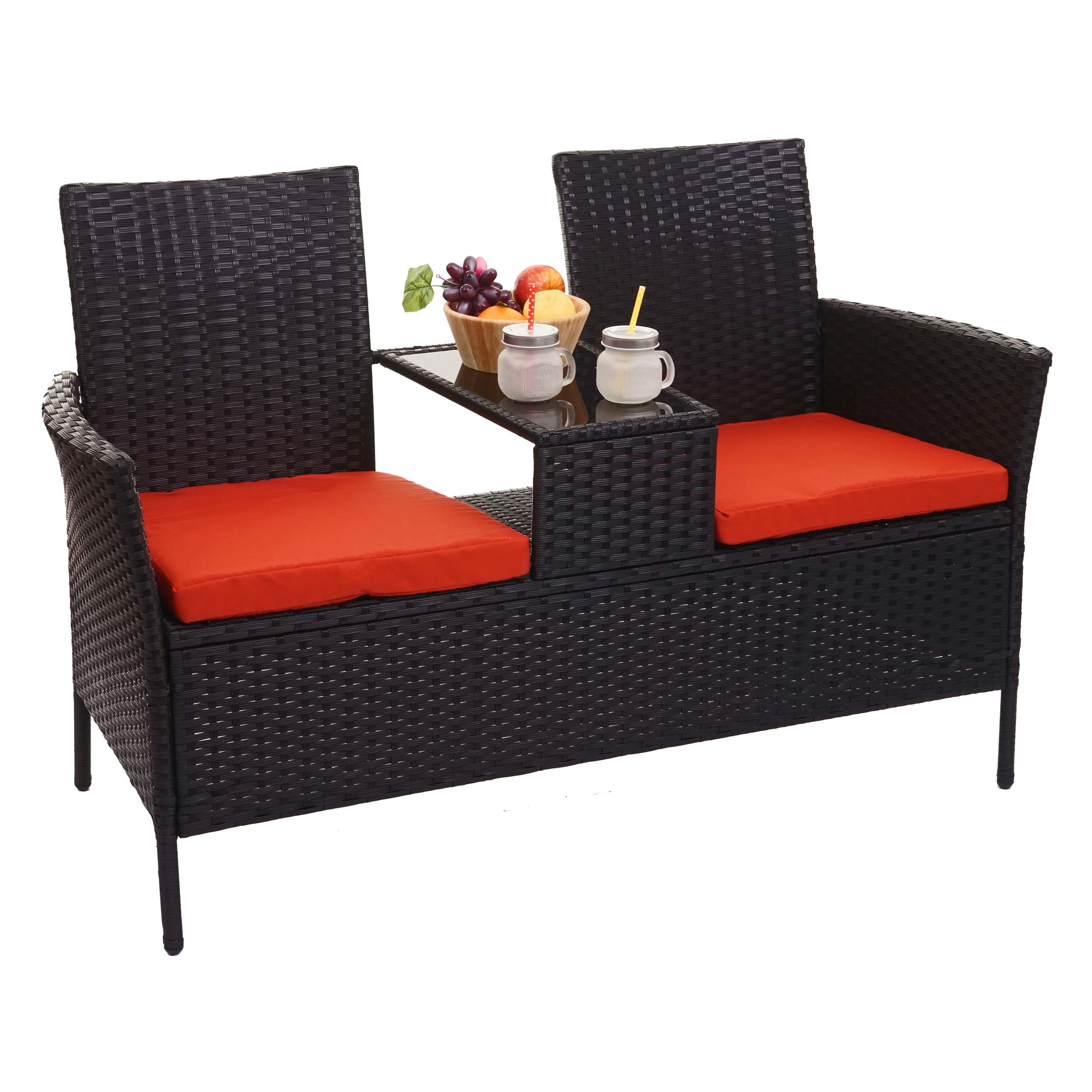 Poly-Rattan Sitzbank mit Tisch HWC-E24, Gartenbank Sitzgruppe Gartensofa, 132cm ~ schwarz, Kissen terracotta Image