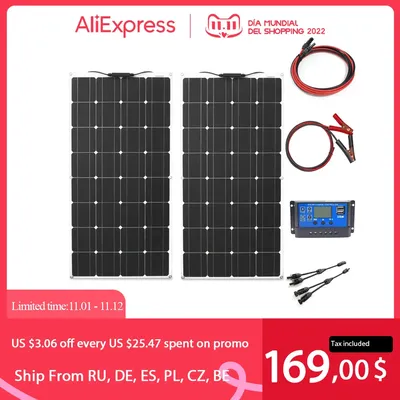 Panneau solaire flexible 100/200 W avec câble régulateur 10A/20A pour chargeur de batterie 12 V