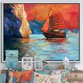 East Urban Home Chinese Sailboat Arriving During Red Evening Sunset Glow - Painting Print on Canvas Metal in Blue/Orange | Wayfair
