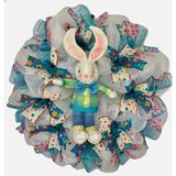 The Holiday Aisle® Easter Bunny Wreath w/ Dangling Legs Burlap/Deco Mesh, Linen in Blue/White | 24 H x 24 W x 6 D in | Wayfair