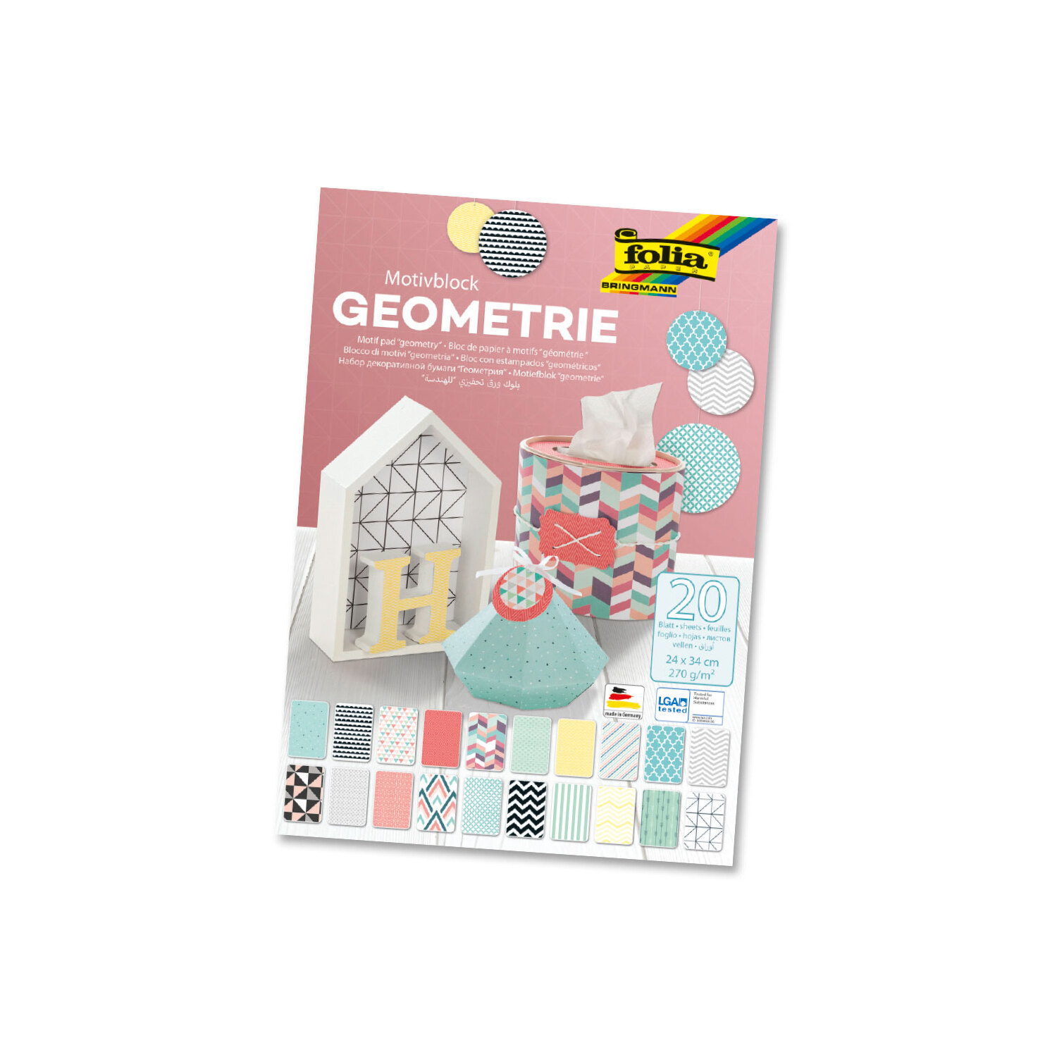 Folia Bloc de papier "géométrie", menthe/corail/jaune, 24 x 34 cm, 20 feuilles