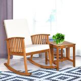 Rosecliff Heights Wachapreague Outdoor Patio 2 Pieces Acacia Wood Rocking Chair Table Set w/ Cushions in Brown/White | Wayfair