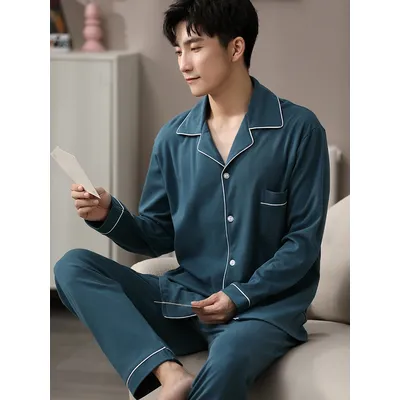 Pyjama 100% coton pour homme vêtements de nuit chemise de lit bleue vêtements de maison chambre