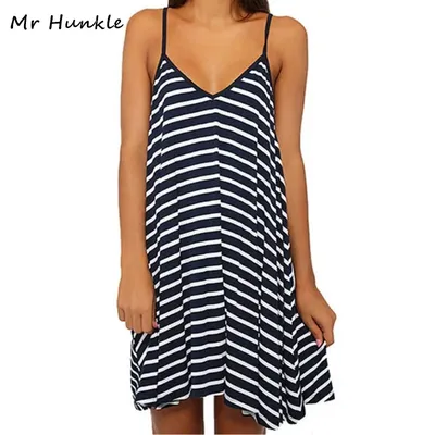 Mr Hunkle – Robe mini pour la plage pour femme sans manches col en V dos nu rayé noir et blanc