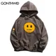 Hip Hop Fleece Hoodie Sweatshirt Streetwear Embroidery Smile Zip Pocket Pullover Hooded Men Casual