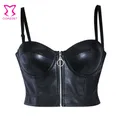 Soutien-gorge en cuir PU noir Steampunk pour femmes fermeture éclair push-up bustier gothique