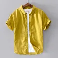 Chemises à manches courtes en lin de coton pour hommes col rabattu jaune vêtements de base